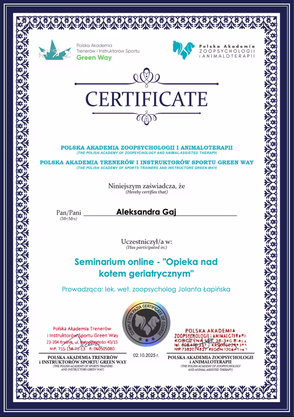 Certyfikat ukończenia kursu „Opieka nad kotem geriatrycznym”