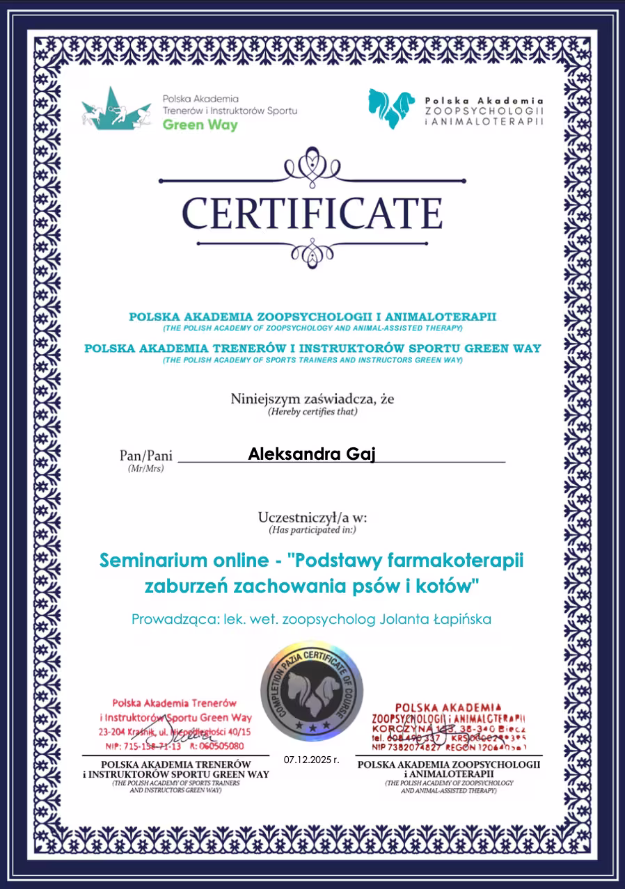 Certyfikat ukończenia kursu „Podstawy farmakoterapii zaburzeń zachowania psów i kotów”